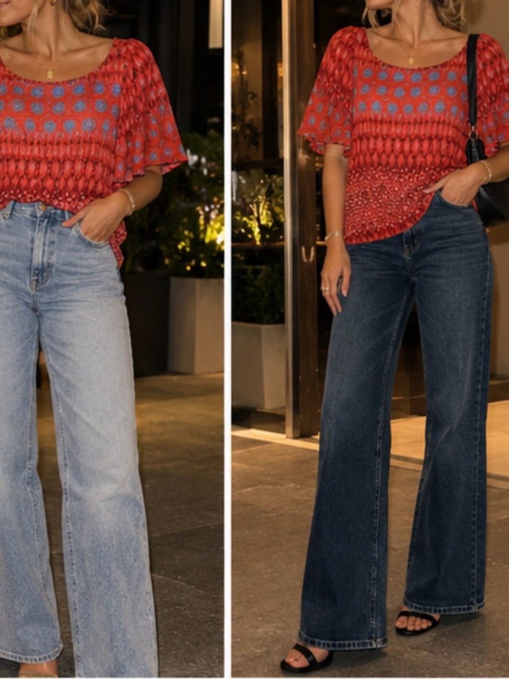 Red & Blue Boho Print Flutter Sleeve Blouse